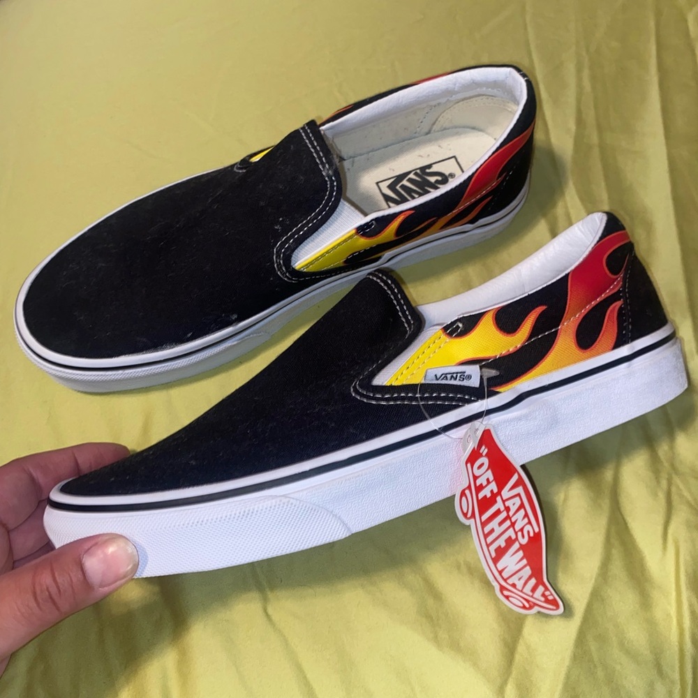Vans Black and Red Flame Slip-On Sneakers